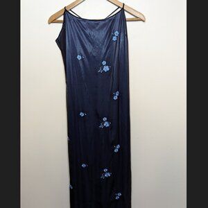 Vtg Express Navy Floral Embroidered Maxi Slip Dress Size 11/12 | Very Good